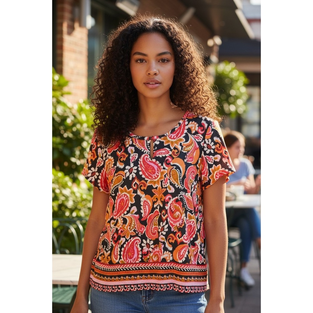 Vince Camuto Womens PXL Paisley Print Keyhole Blouse Pink Orange Black
